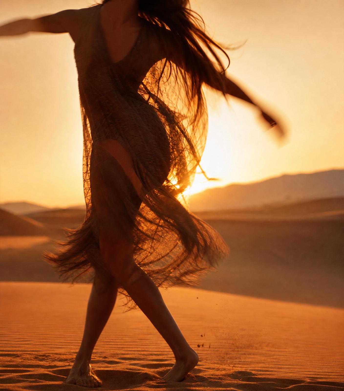Silhouettes of people moving freely at sunset