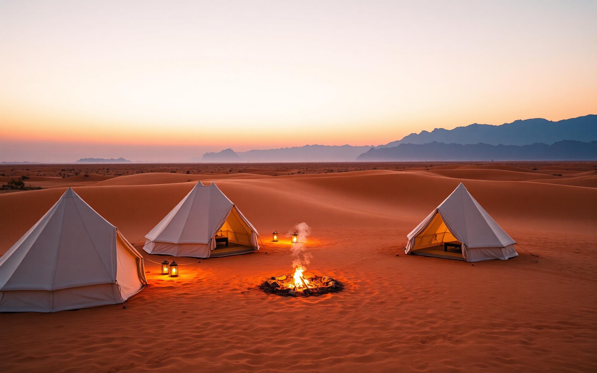 Desert camp with tents and a fire under stars